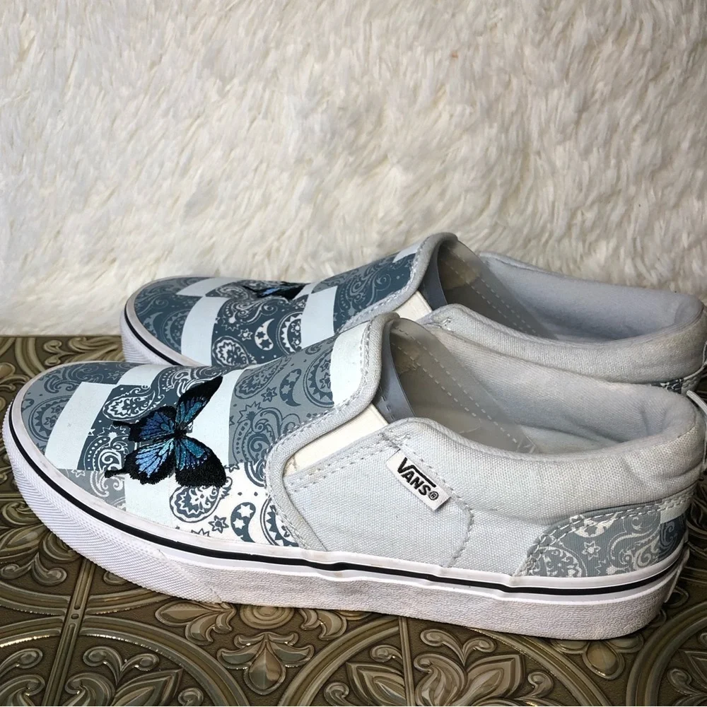 Vans Slip-On Patchwork Sneakers - White and Blue with Butterfly Missy 5 - Picture 12 of 16